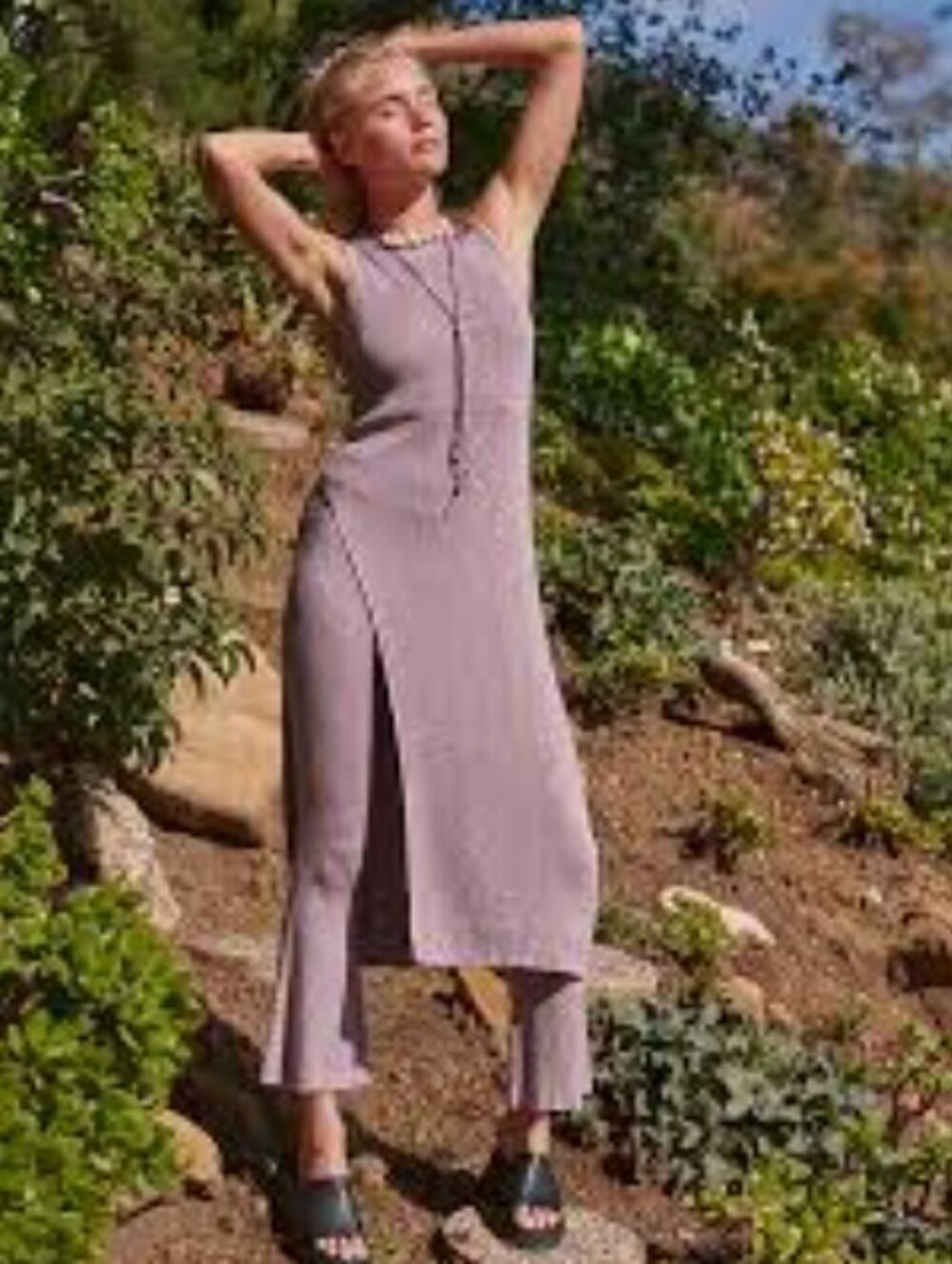 Free People Beach Purple Cotton Slit Sleeveless Ribbed Maxi Dress - Size - XS